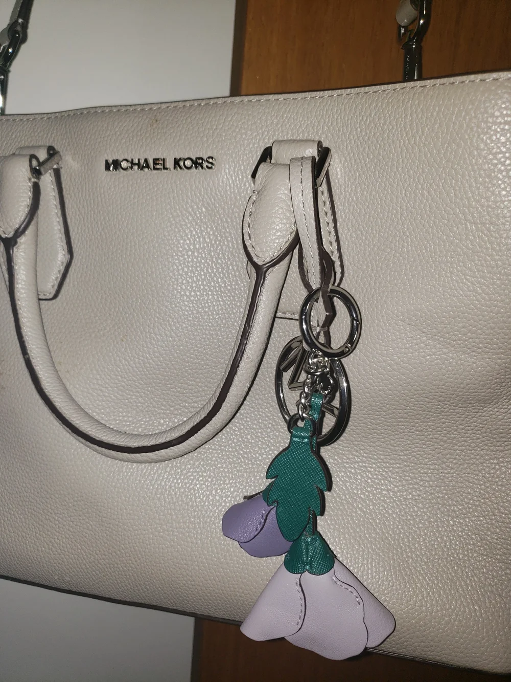 MICHAEL KORS Women's Beige Leather Satchel with Floral Charm